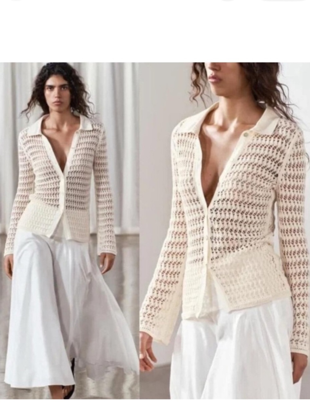 Zara Cream Open-Weave Crochet Button Cardigan Blouse with Collar | S